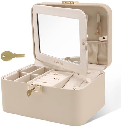 Upgraded Jewelry Box, 2 Layers PU Leather Jewelry Organizer for Women with Lock and Mirror, Hidden Necklace Hook and Removable Divider Large Capacity Travel Jewelry Box Ideal for Gift-With Gift Box