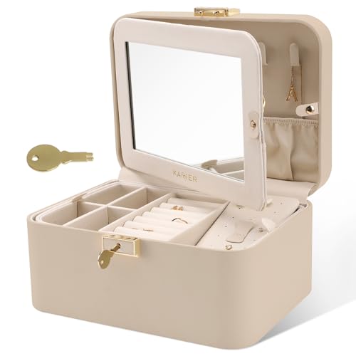 KAMIER Jewelry Box for Women, 2-Layer PU Leather Travel Jewelry Organizer, Large Capacity with Double Lock, Large Mirror, Hidden Necklace Hooks, Removable Dividers, Gift Box Packaging, Beige
