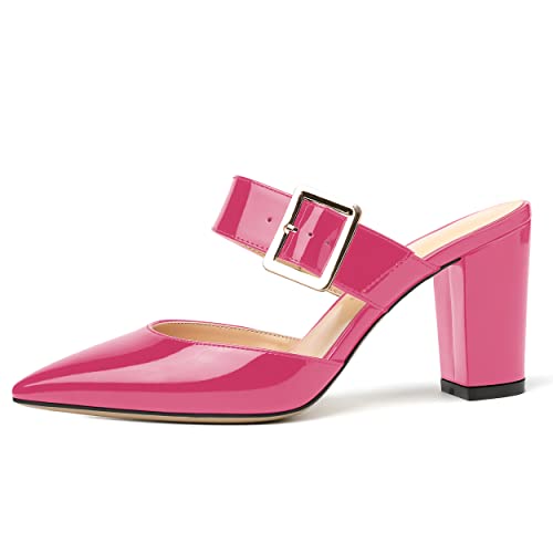 MODENCOCO Women's Patent Strap Pointed Toe Block High Heel Pumps Heeled Slide Sandals Shoes 3.5 Inch2