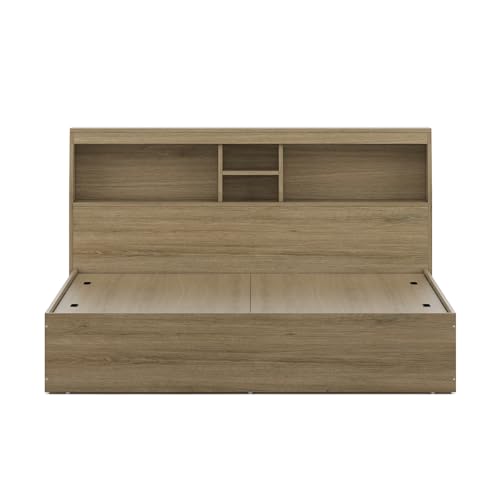 Image of Spacewood Storiva Bed |Queen Size (78 X 60) Engineered Wood Bed with Box Type Storage |Shelfs in Headboard | 3 Year Warranty | Modern Design |Engineered Wood | Santana Oak