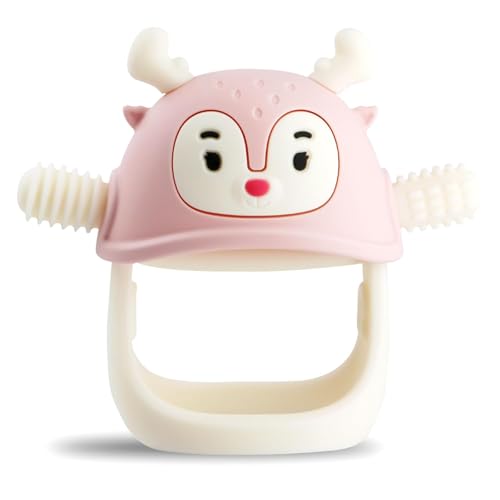 Image of Reindeer Organic Baby Toys 0-6Months, Mitten for 3-6Months, Easy to Hold Stem with Chewing Nubs for Teething Pain Relief for 6-12Months Babies, (Rose Pink)