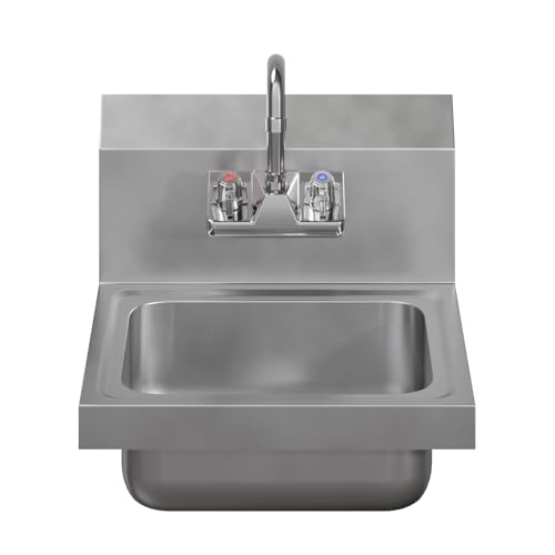 Image of 15 in. x 15 3 /4 in. NSF Certified Stainless Steel Hand Sink - Commercial Wall Mount Hand Basin with Faucet. Ideal for Restaurants, Bars, Kitchens, and Stores