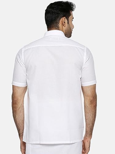 Image of RAMRAJ COTTON Mens Solid Regular Fit Half Sleeve Ethnic White Cotton Shirt