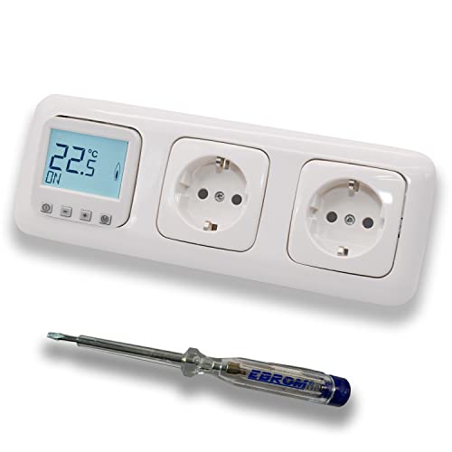 Halmburger Raumthermostat Raumtemperaturregler ERD-1Urg DIGITAL in Busch Jäger Reflex SI alpinweiß + 2 x Steckdose mit Berührungsschutz + EBROM Phasenprüfer zur Montage der Geräte, Fußbodenheizung