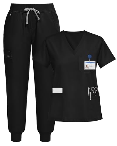 Eipnare Scrubs for Women Set, Stretchy V-Neck Top & Jogger Pants with Multi-Pocket Yoga Waistband