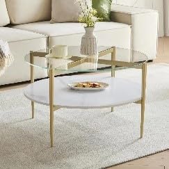 Shrine Modern Coffee Table with Glass Top, Round Table for Living Room, Two-Tier 30-Inch White Wooden Storage Coffee Table, Gold Table Legs Structure & Clear Glass Top