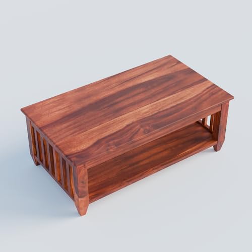 Image of Solid Sheesham Wood Rectangle Centre Table, Coffee Table For Living Room, Wooden Sofa Center Table With Shelf Storage for Home & Office | Rosewood, Honey Finish, Pre Assembled & Ready To Use