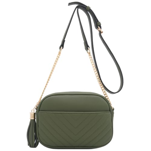 Image of FashionPuzzle Chevron Quilted Crossbody Camera Bag with Chain Strap and Tassel