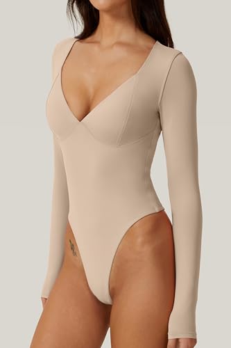 Image of QINSEN Women's Long Sleeve Bodysuit V Neck Body Suits Seamed Cup Going Out Tops Shirt
