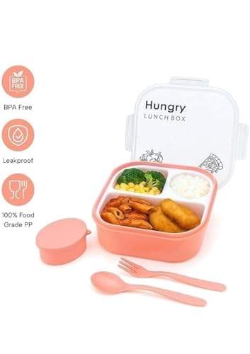 Image of Hungry Lunch Box with Water Bottle | Leakproof 3 Compartment Tiffin Box with Spoon, Fork & Sauce Container | BPA Free Food Grade Plastic | Microwave & Dishwasher Safe Lunch Box for School (Peach)