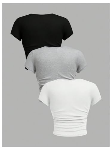 Floerns Girl's 3 Piece Short Sleeve T Shirts Ruched Crew Neck Basic Tee Tops2