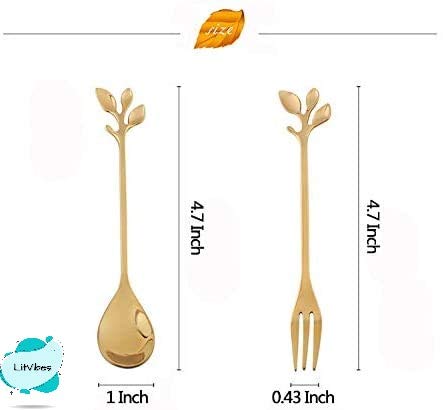 Image of Stainless Steel Creative Tableware Leaf Dessert Spoon & Fork, Coffee,Sugar,Mixing,Tea,Stirring,Cake & Icecream,Stir Bar Gold Set - Set of 1 Leaf Spoon & 1 Leaf Fork (Gold)