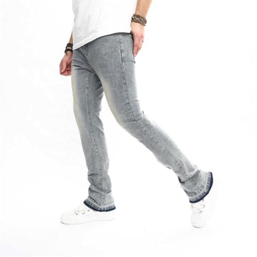 Mens Stacked Jeans Colorblock Straight Leg Skinny Stacked Denim Pants Raw Hem Flared Jeans4