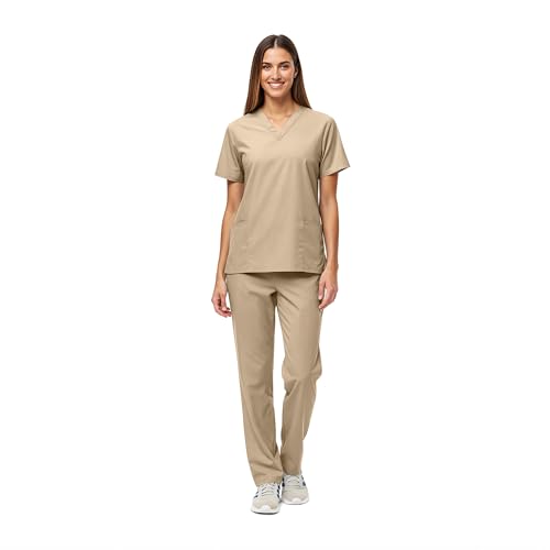Women's Scrub Set - Medical Scrub Top and Pant, Khaki, Medium