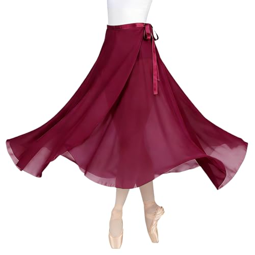 Baisdan Jupe Danse Classique, Jupe Ballet Longue Portefeuille en Mousseline avec Ceinture Réglable pour Femmes Rouge foncé