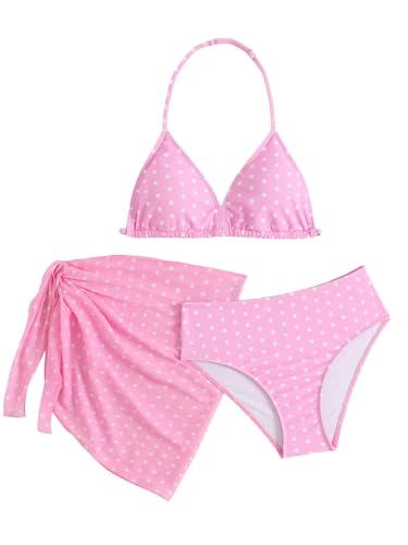 Image of SEGT Girl's 3 Piece Striped Bikini Swimwear Cute Swimsuits Bathing Suit High Waisted with Cover Up Beach Skirt