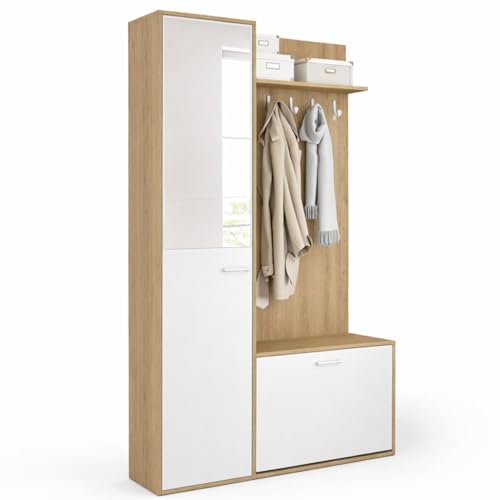 IDMarket - Vestiaire d'entrée Rangement Chaussures avec Miroir et étagères MAHAUT 1 Porte Effet Bois et Blanc