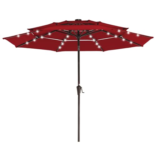 Image of JEAREY 3 Tiers Patio Umbrella with Solar Lights 9ft Outdoor Market Table Umbrellas with Push Button Tilt for Outside Pool Garden, Red