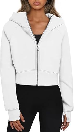 TANMESSO Sweat à capuche court zippé pour femme, veste polaire surdimensionnée Y2K, tenue d'automne, blanc, M