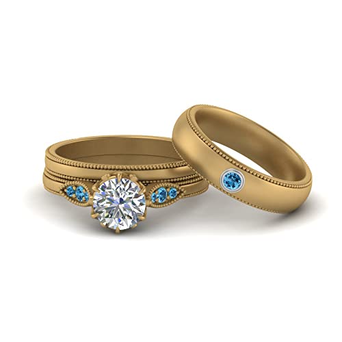 Image of Choose Your Gemstone Milgrain Matching Wedding Set for Couples Yellow Gold Plated Round Shape Wedding Ring Sets Matching Jewelry Wedding Jewelry Easy to Wear Gifts US Size 4 to 12