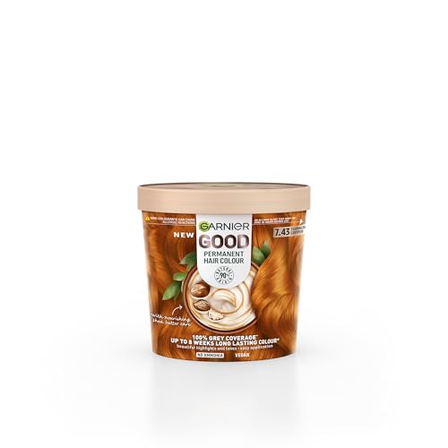 Garnier GOOD Permanent Hair Dye 7.43 Tumeric Copper. Ensures 100% grey coverage and 8-week colour. No ammonia vegan shea butter formula delivers vibrant results for all hair types.