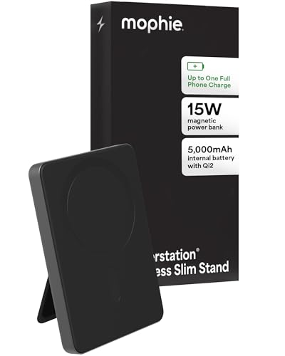 Image of Mophie Powerstation Wireless Slim with Stand 5,000mAh Power Bank - MagSafe Compatible, 15W Qi2-Certified, 20W USB-C PD Fast Charging, Ultra-Thin Battery Pack for iPhone, Android, Travel & Airplane Use