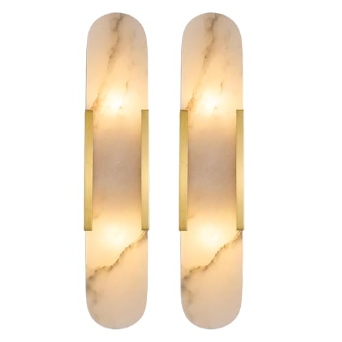 Glazart Luxa Modern Alabaster Wall Sconce Set of 2, Natural Stone Bathroom Vanity Light Fixtures with E26 Base, Alabaster Sconce Wall Lamp for Bedroom, Living Room, Hallway, Stairs