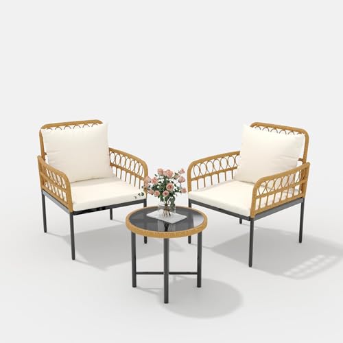 FinerFurnis 3-Piece All-Weather Wicker Rattan Bistro Patio Furniture Set with Glass Table and Thick Cushions, Beige - Ideal for Balcony, Garden, Backyard, and Poolside Conversation