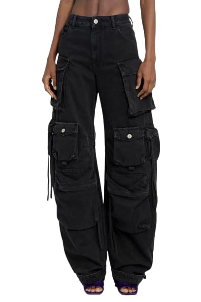 PonitrackMulti-Pocket Jeans Washed Cargo Pants Y2k Retro High Street High Waist Jeans Casual Wide Leg Parachute Pants