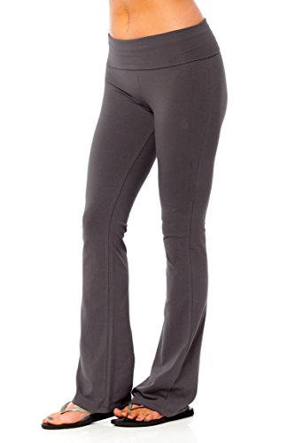 Women's Hollywood Star Fashion Solid Foldover Solid Bootleg Flare Yoga Pants (Large, Charcoal)