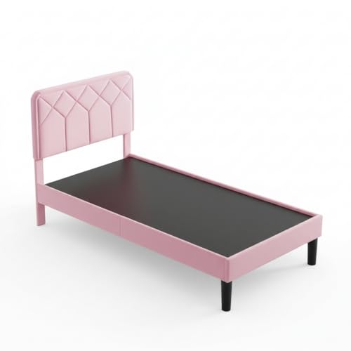 Image of APRODZ Twin Size Bed | Upholstered Bed Frame with Channel Tufted Headboard | Bed Twin Size Wooden Legs | Double Bed King Size Without Storage | Bedroom Furniture | Pink Fabric & Black Wooden Legs