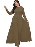 KOH KOH Plus Size Womens Long Sleeve Pant Suit One Piece Cape Stretchy Elegant Pockets Dressy Party Pantsuit Outfit Overall Romper Work Office Jumpsuit Jumpsuits, Mocha Beige Nude XL 14-16