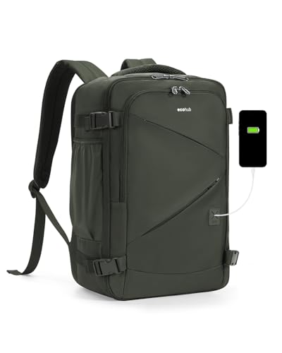 Image of ECOHUB 17 inch Small Unisex Travel Backpack United Airlines Approved 17x10x9 Friendly Suitcase Anti-Theft Lockable Zippers Style Personal Item Bag Travel Essentials with 12 Pockets Water Resistant, Green