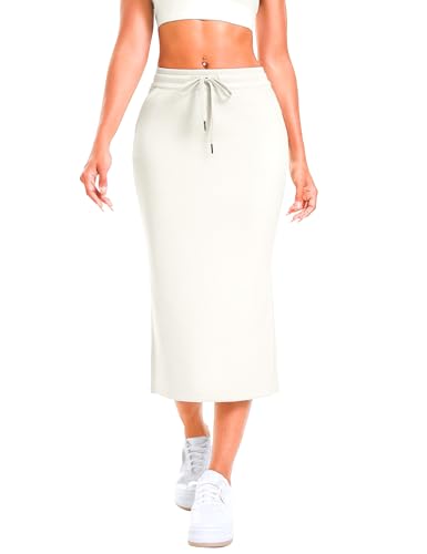 Mlenhor Women's Drawstring High Waist Midi Skirt, Bodycon Casual Skirt with Pockets and Side Slit for Daily Wear (US, Alpha, XX-Large, Regular, Regular, Off-White) — view 2