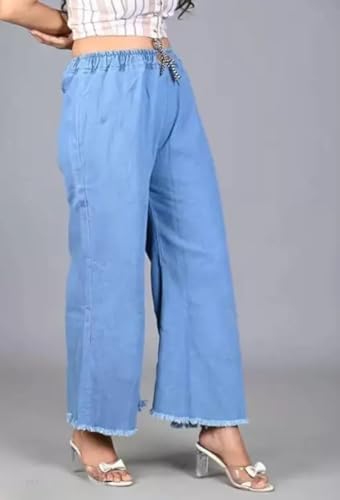 Image of Women's Denim Cotton Palazzo Pants, Mid Rise Relaxed Fit, Wide Leg Jeans Style, Casual Wear Trousers