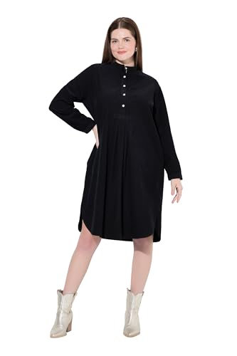 Ulla Popken Damen Cordkleid, Stehkragen, Biesen, Zierfalten, Langarm Kleider, Schwarz, 42