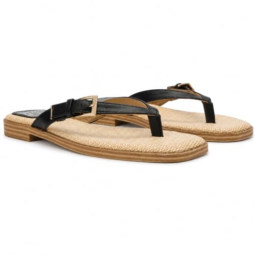 Dolce Vita DV Women’s Buckle Sandal – Lightweight Slip-On Flat Sandals with Metal Buckle Strap, Casual Summer Comfort Shoe (Black, US Footwear Size System, Adult, Women, Numeric, Medium, 7)