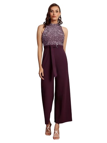 Image of Miss Chase Womens Halter Neck Sleeveless Embellished Regular-Length Jumpsuit