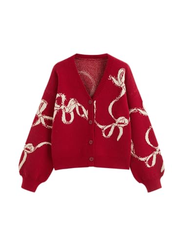 CIDER Cardigan Sweaters for Women Bow Cardigan Long Sleeve V Neck Open Front Button Knit Sweater Trendy Fall Outfits