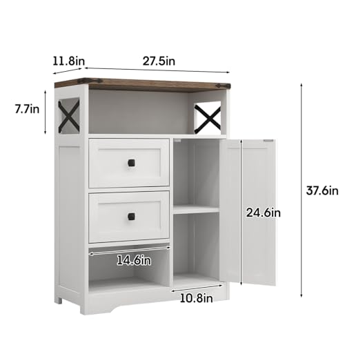 Fameill White Farmhouse Storage Cabinet With 2 Drawers & Shelves,Freestanding Storage Cabinet With Doors & Open Storage,Floor Storage Cabinet For Living Room,Bathroom,Kitchen,Laundry thumb #1