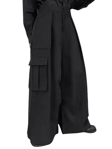 Verdusa Men's Wide Leg Baggy Cargo Pants High Waisted Pleated Trousers with Pockets