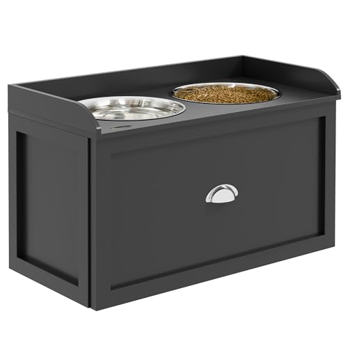 PawHut Ciotole per Cani Rialzate in Acciaio Inox, Portaciotole per Cani in Legno con Cassetto Portaoggetti per Cane Grande, 60x30x36 cm, Nero