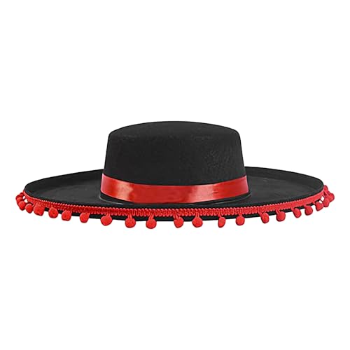 Sombrero mexicano, sombrero grande de fieltro negro con pompón rojo y ribete de seda, disfraz de cosplay de ala ancha con pompones, disfraz de fiesta mexicana para hombres y mujeres, ideal para