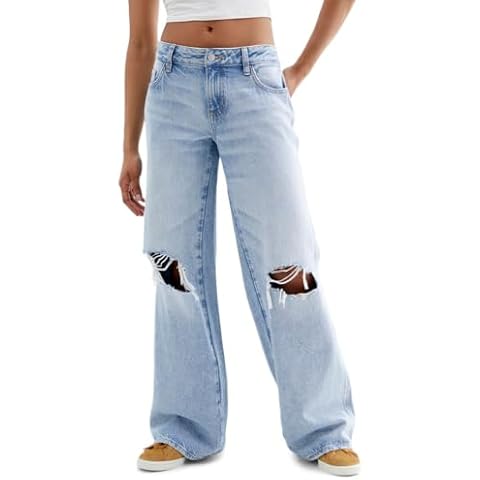 PacSun Casey Ripped Knee Low Rise Baggy Jeans for Women, Light Indigo, Wide Leg Denim, Ultra-Slouchy, Relaxed Fit, Size 22 Cover