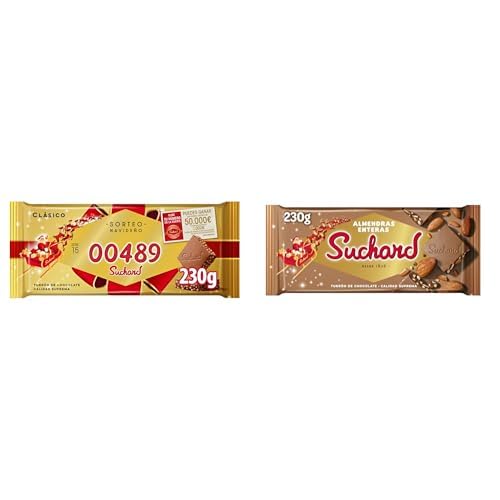 Suchard Turrón de Chocolate con Leche y Arroz Inflado, Tradicional Dulce Navideño - 230 g + Suchard Turrón de Chocolate con Leche, Almendras Enteras y Arroz Inflado - 230 g