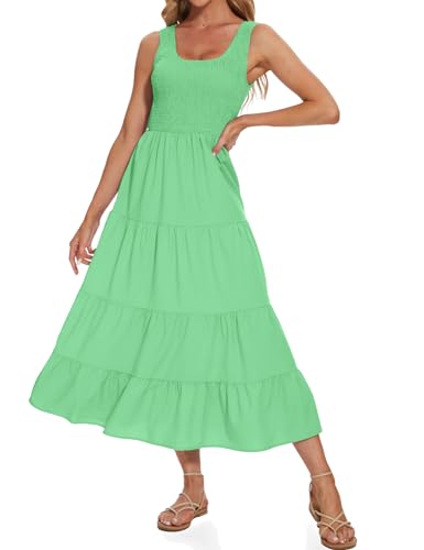 Image of Women's Summer Smocked Maxi Dresses Sleeveless U Neck Ruffle Hem Tiered A Line Flowy Dress