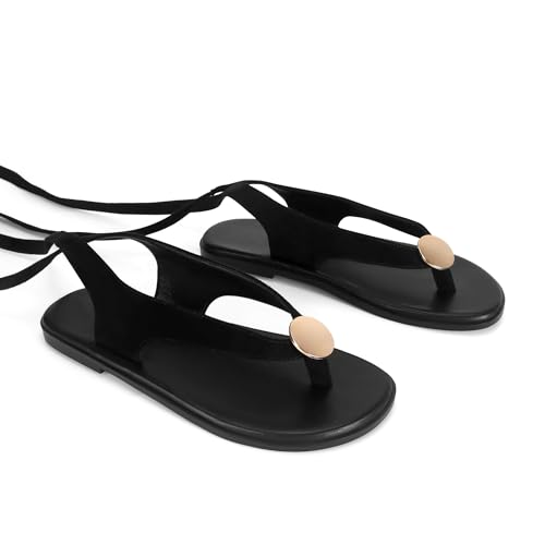 Image of Flat Sandals for Women Strappy Sandals Comfortable Dressy Beach Flip Flop Slides Thong Sandals for Women with Metal Circular