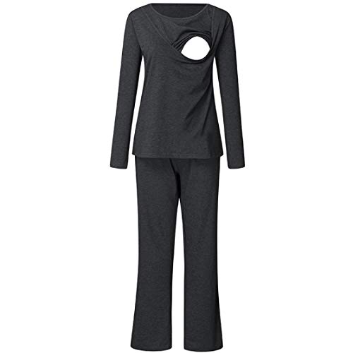 mama stadt Umstandspyjama Stillschlafanzug Damen Frühling Herbst Langarm Stillshirt und Hose Set Stillpyjama Lagendesign Wickeln Schicht mit Stillfunktion/2XL Dunkelgrau Cover