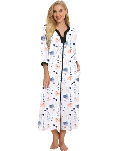 Image of Bloggerlove House Dresses for Women Zip Up Robes Soft Cotton Nightgown Half Sleeve House Coat Long Night Gowns Sleepwear