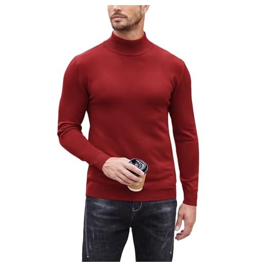 COOFANDY Jersey para hombre de cuello alto, cuello vuelto, corte ajustado, casual básico, jersey de cuello alto para hombre, elástico, monocolor, camiseta de cuello alto, borgoña, L